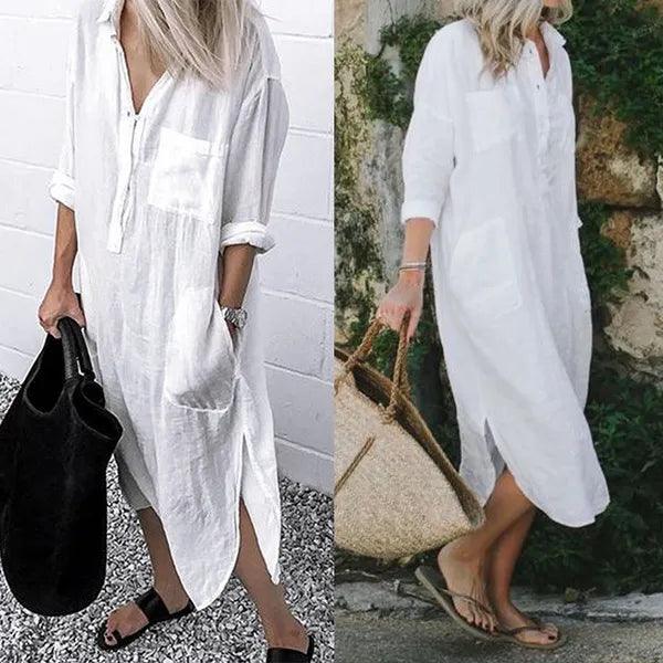 Anita™ - Elegant skjortklänning med slits och enfärgad