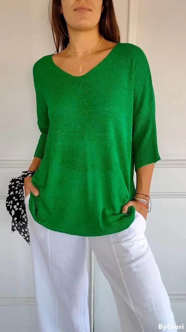 TILLFÄLLIGT 50% RABATT | Willow™ | Enfärgad stickad topp med V-ringning - Image 6